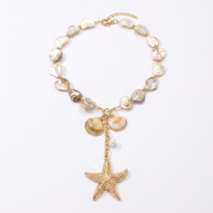 Collier breloque nacre doré tissé, coquillage et étoile de mer