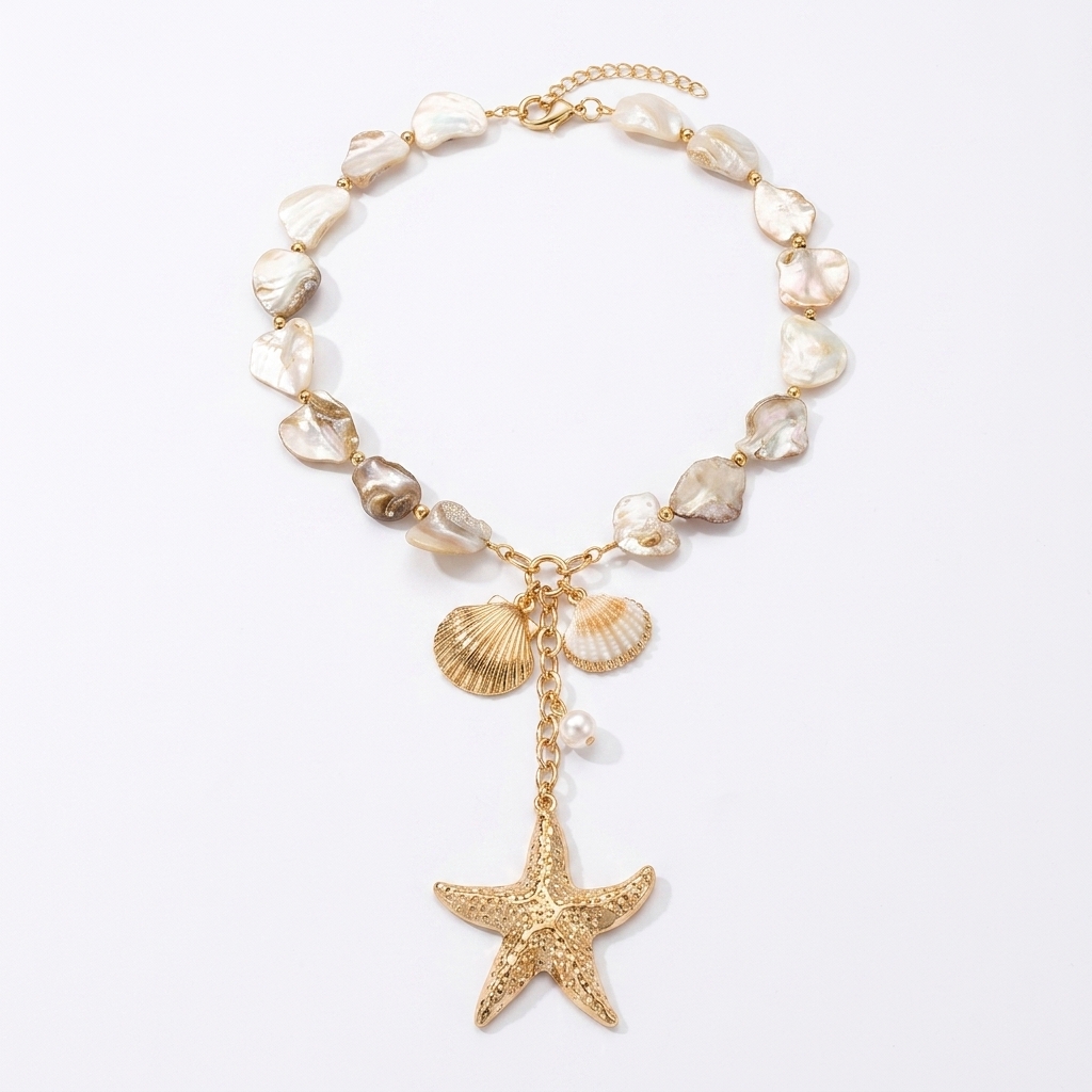 Collier breloque nacre doré tissé, coquillage et étoile de mer