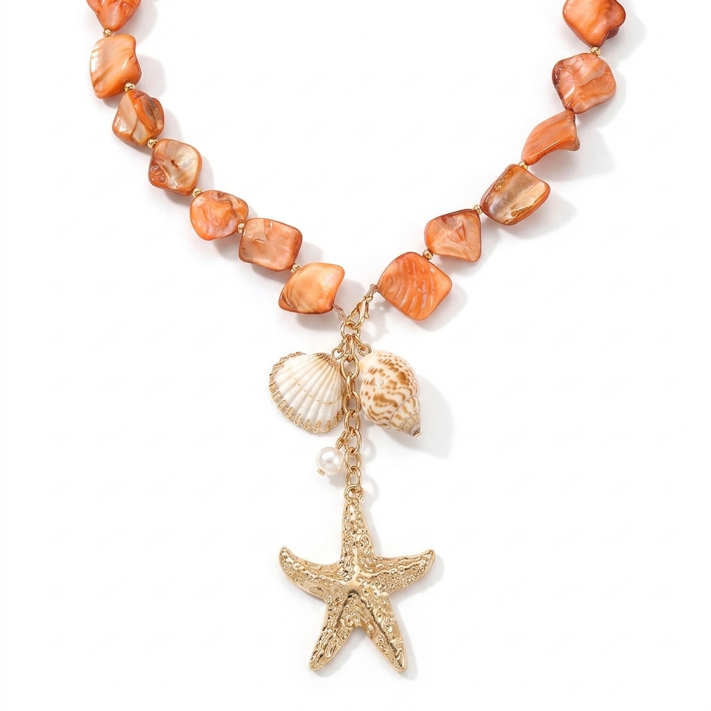 Collier breloque nacre orange tissé, coquillage et étoile de mer
