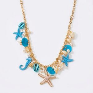Collier breloques perles bleu et coquillages esprit mer