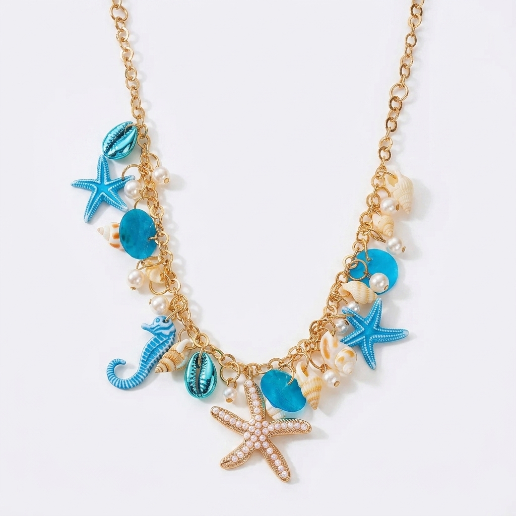 Collier breloques perles bleu et coquillages esprit mer