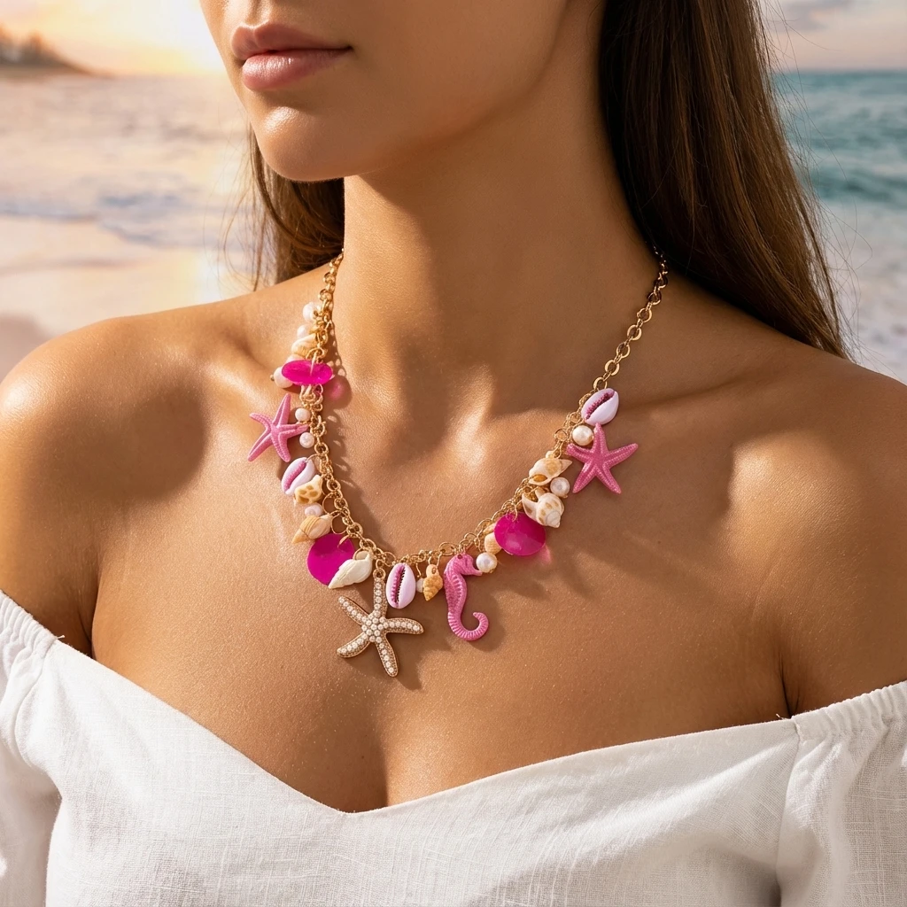 Collier breloques perles doré et coquillages esprit mer – Image 3