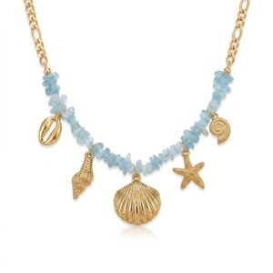 Collier breloques étoile bleu doré de mer, coquillage et pierres