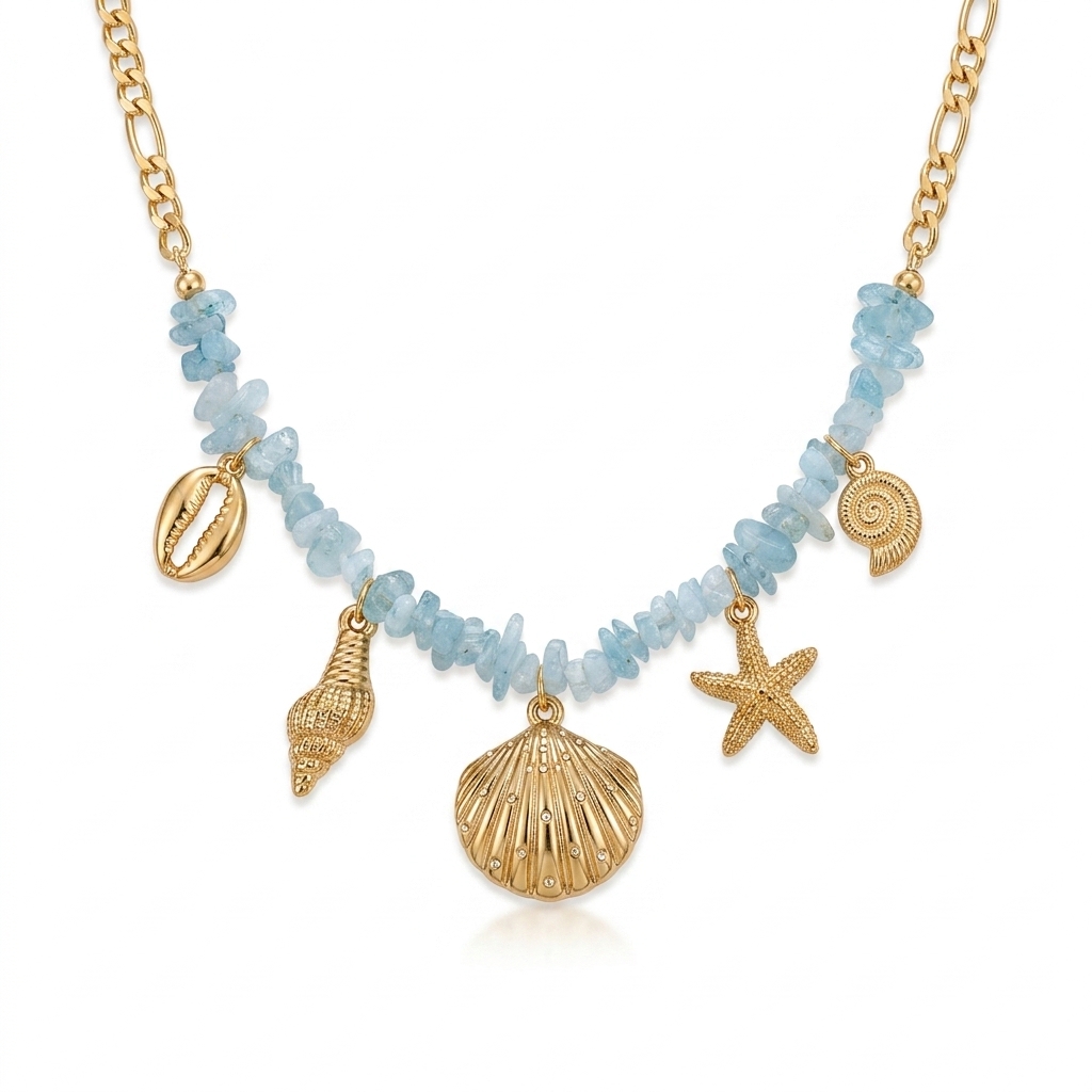 Collier breloques étoile bleu doré de mer, coquillage et pierres
