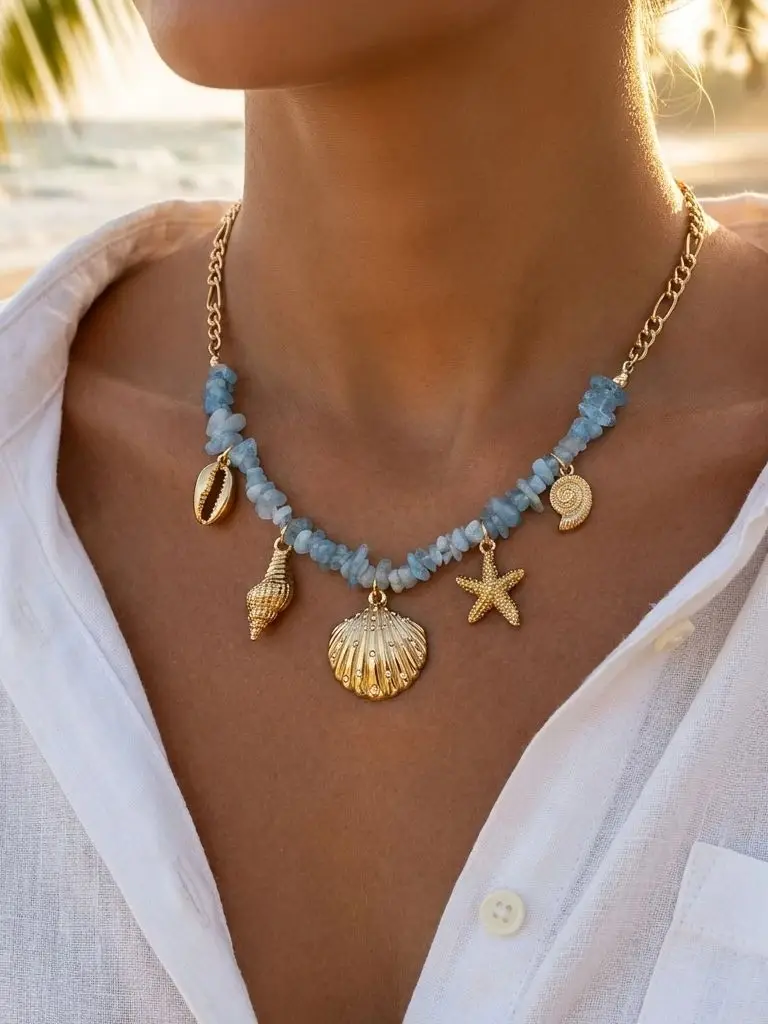 Collier breloques étoile bleu doré de mer, coquillage et pierres – Image 2