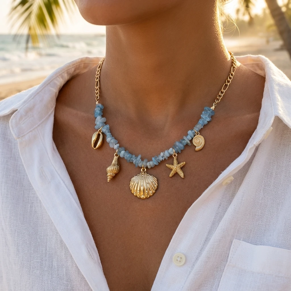 Collier breloques étoile bleu doré de mer, coquillage et pierres – Image 3