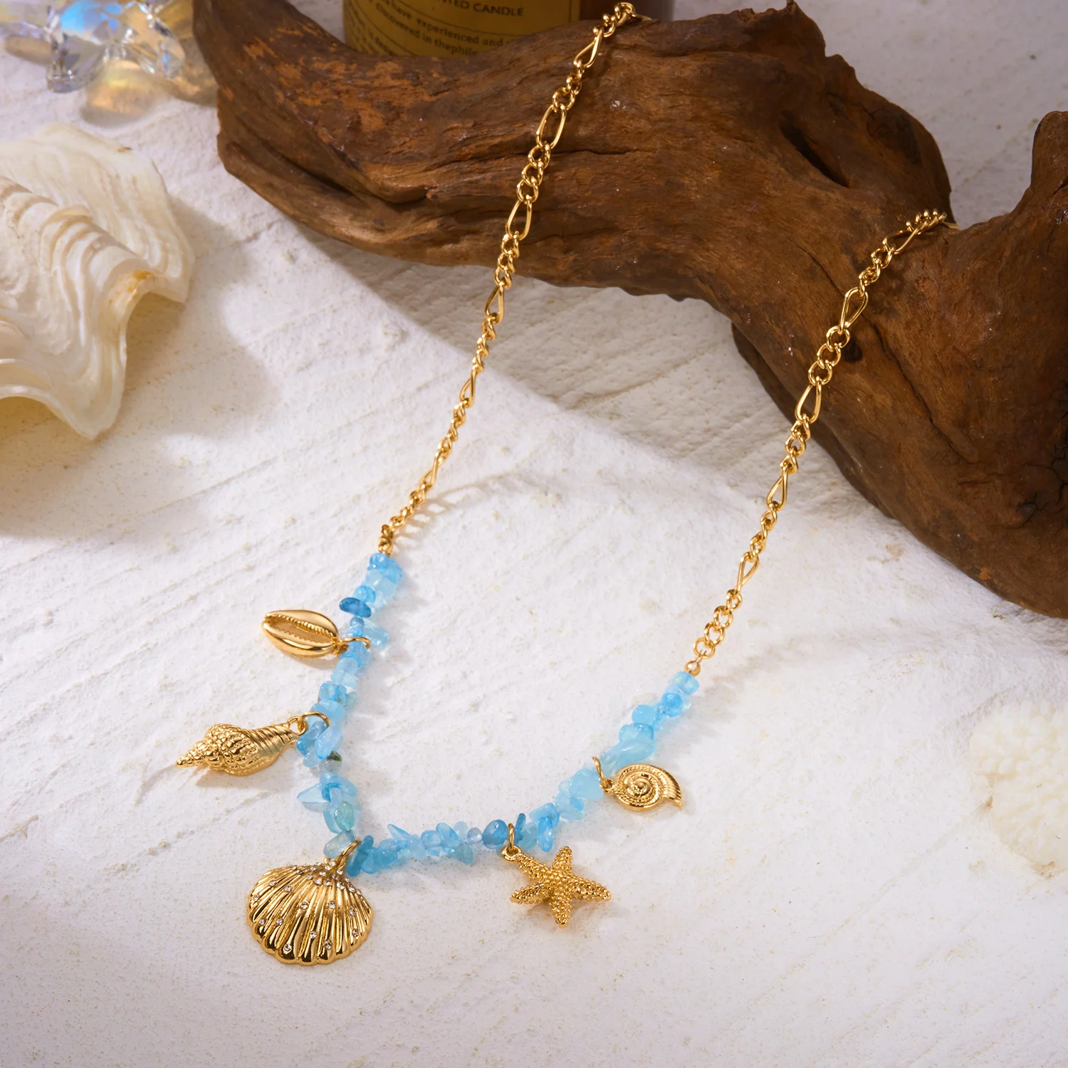 Collier breloques étoile bleu doré de mer, coquillage et pierres – Image 4