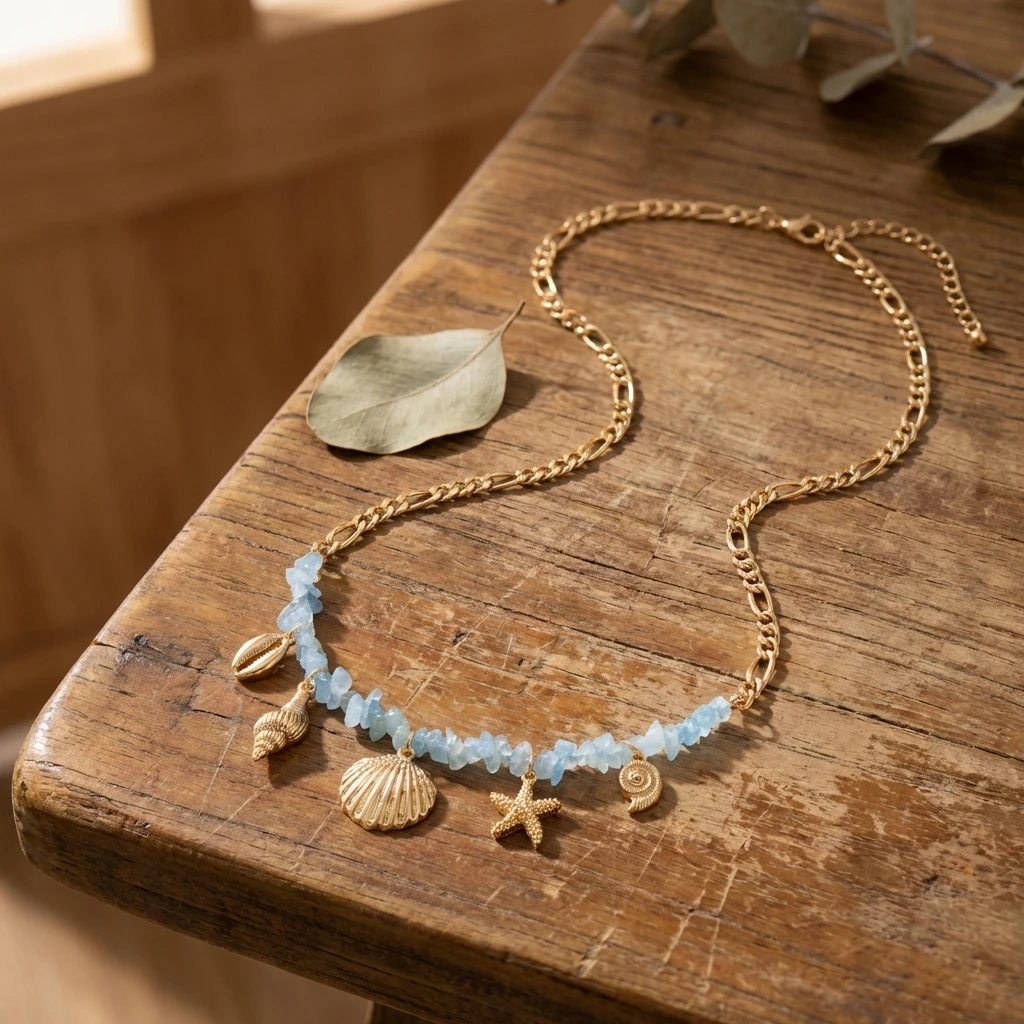 Collier breloques étoile bleu doré de mer, coquillage et pierres – Image 6