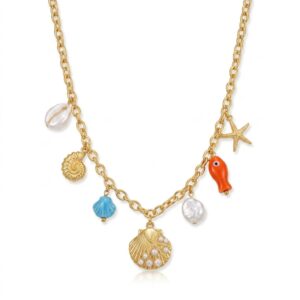 Collier breloques étoile multicolore de mer, coquillage et pierres
