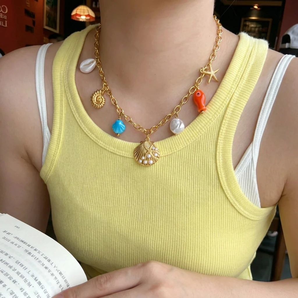 Collier breloques étoile multicolore de mer, coquillage et pierres – Image 2