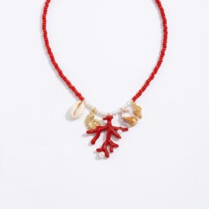 Collier breloques étoile rouge de mer, coquillage et pierres