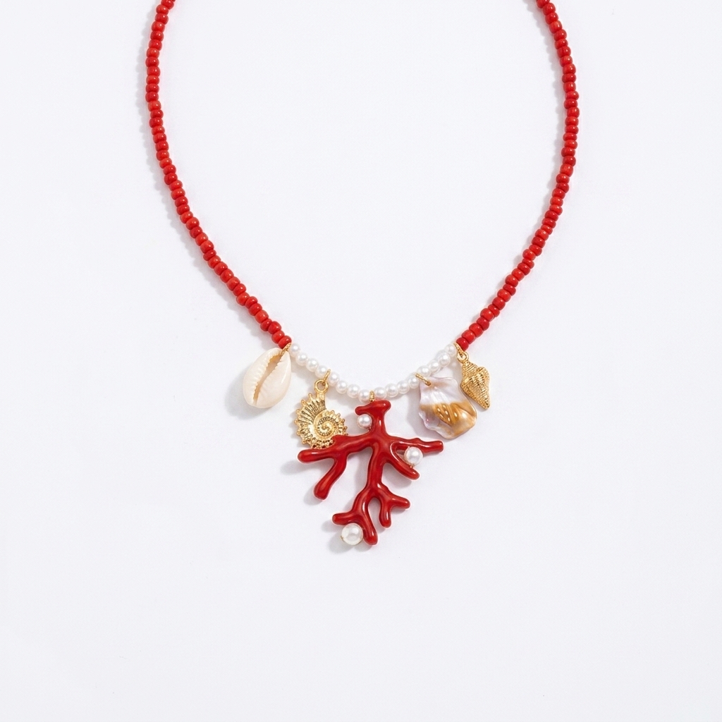 Collier breloques étoile rouge de mer, coquillage et pierres