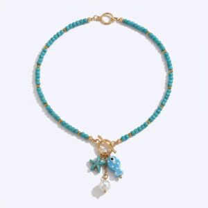 Collier perles et bleu breloques marines bohème