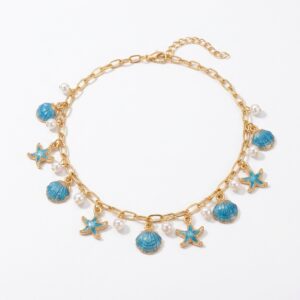 Collier ras-de-cou à bleu breloques marines et perle