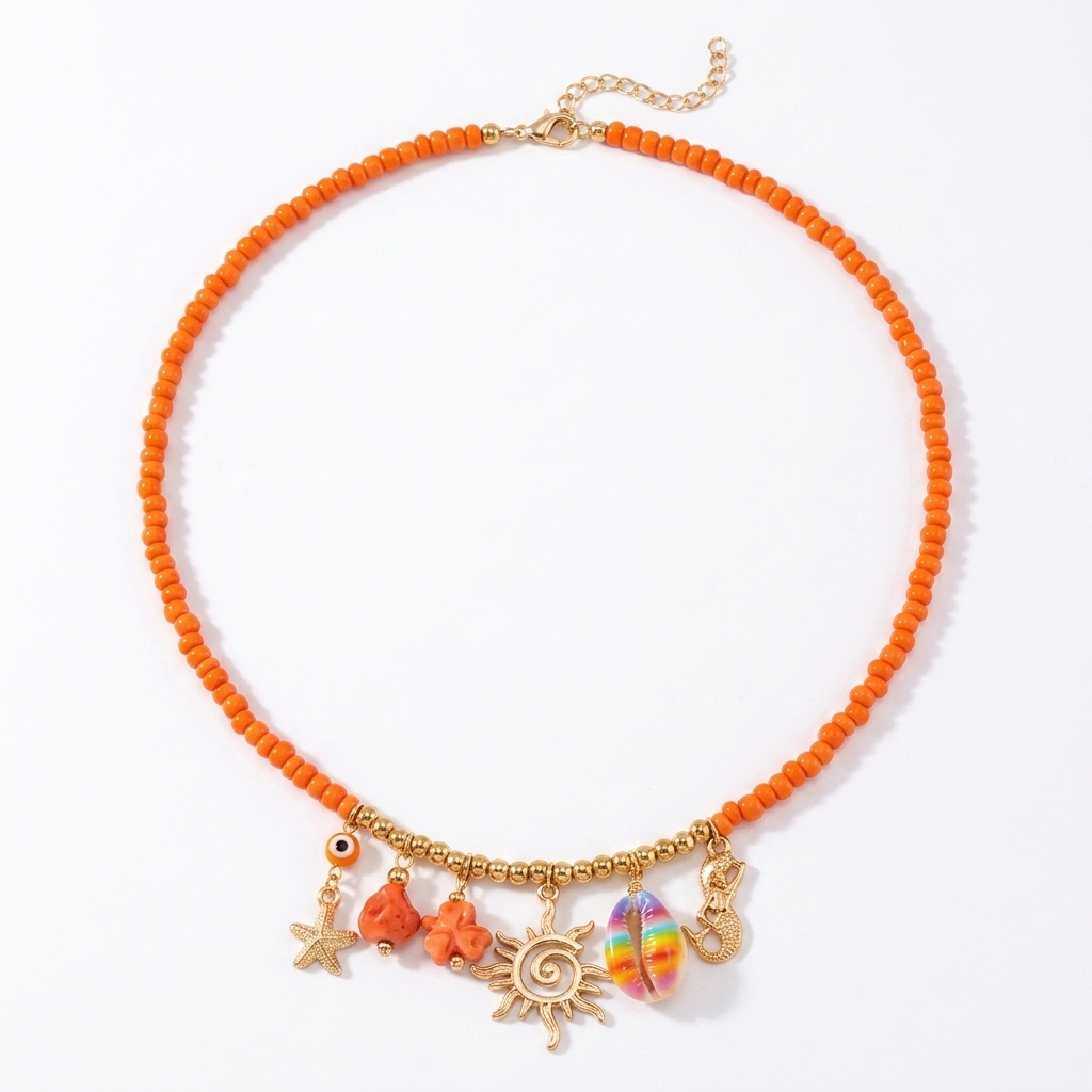 Collier ras-de-cou à breloques sirène et perles oranges