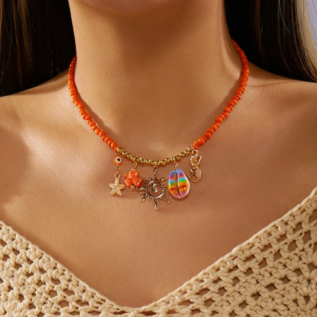 Collier ras-de-cou à breloques sirène et perles oranges – Image 2
