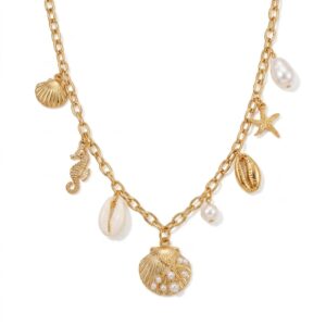 Collier ras-de-cou à doré breloques marines et perle