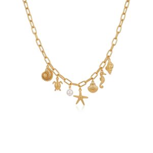 Collier ras-de-cou à doré breloques marines et perle