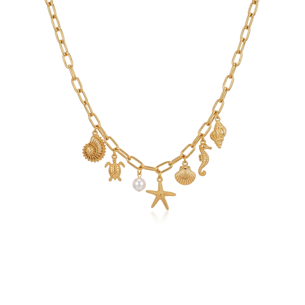 Collier ras-de-cou à doré breloques marines et perle