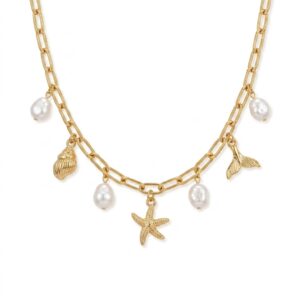 Collier ras-de-cou à doré breloques marines et perle
