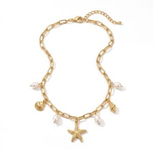 Collier ras-de-cou à doré breloques marines et perle