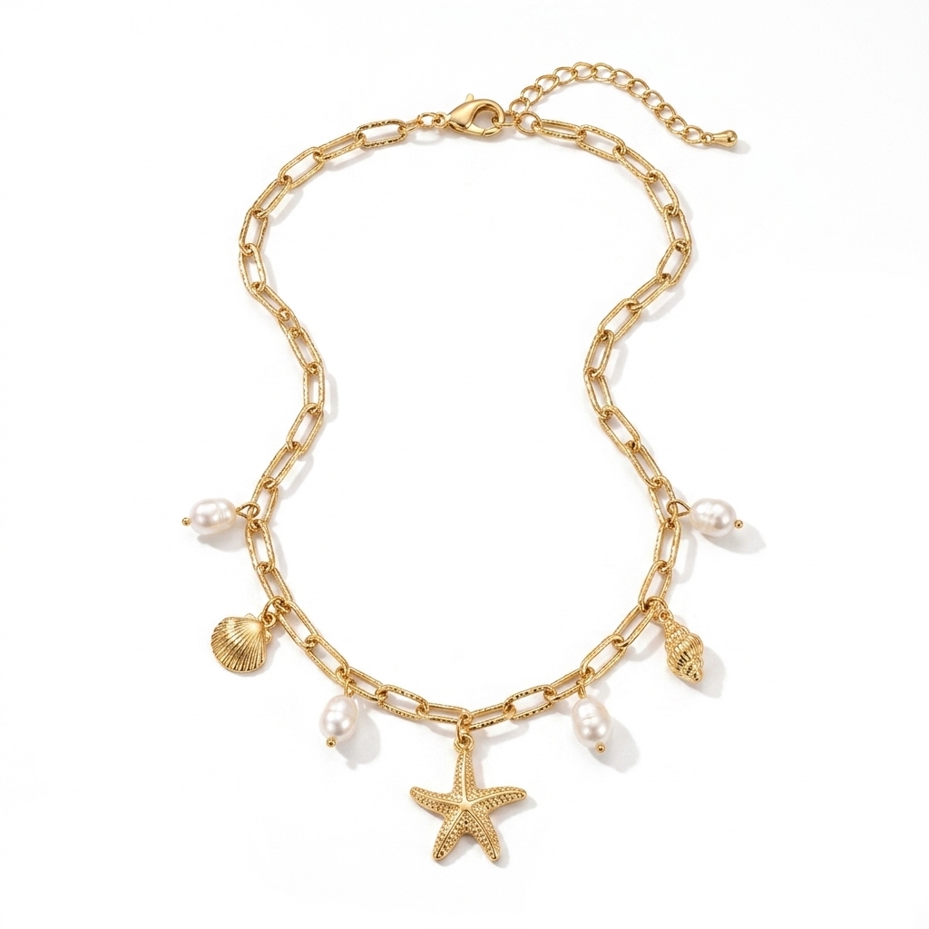 Collier ras-de-cou à doré breloques marines et perle