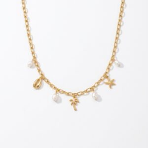 Collier ras-de-cou à doré breloques marines et perle