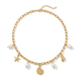 Collier ras-de-cou à doré breloques marines et perle