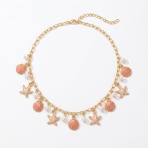 Collier ras-de-cou à rose breloques marines et perle