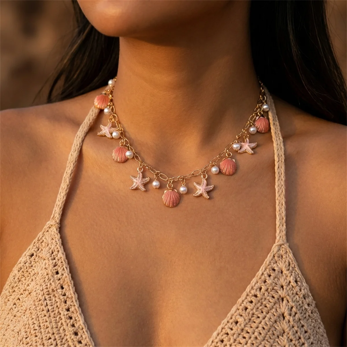 Collier ras-de-cou à rose breloques marines et perle – Image 2