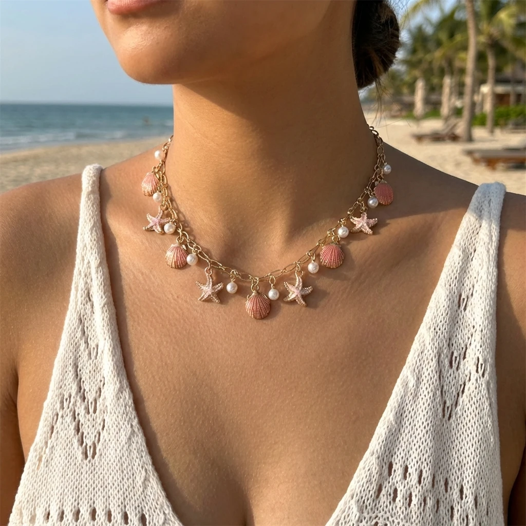 Collier ras-de-cou à rose breloques marines et perle – Image 3