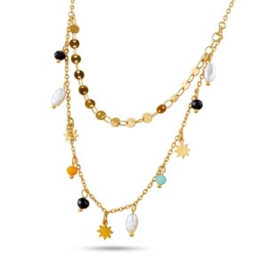 Collier superposé à breloques et perles colorées